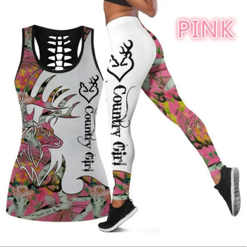 🆕2pc Deer print Tank & Yoga pants sports set